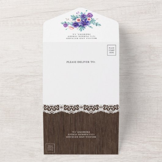 Rustikale Wasserfarbe Lila Anemonen Holzhochzeit All In One Einladung (Außenbereich)