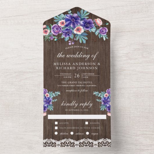 Rustikale Wasserfarbe Lila Anemonen Holzhochzeit All In One Einladung (Innen Boden)