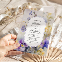 Rustikale Wasserfarbe Lila & gelb 1. Geburtstag Einladung