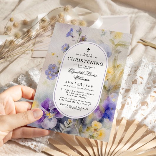 Rustikale Wasserfarbe Lila & Gelb Christening Einladung