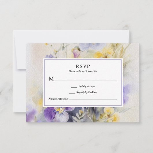 Rustikale Wasserfarbe Lila & Gelbe Hochzeit RSVP Karte (Vorderseite)