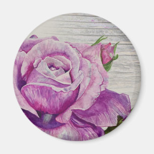 Rustikale Wasserfarbe Lila Rose Holz Magnet