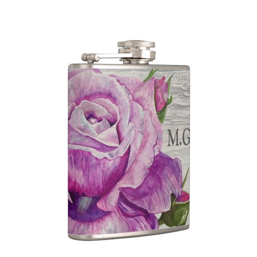 Rustikale Wasserfarbe Lila Rose Holzmonogramm Flachmann (Rechts)