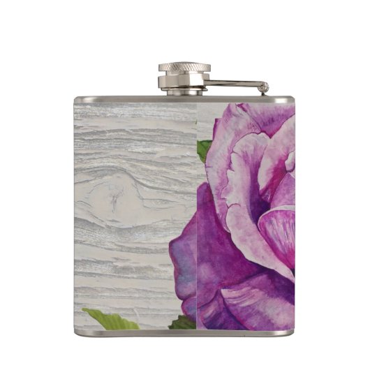 Rustikale Wasserfarbe Lila Rose Holzmonogramm Flachmann (Rückseite)