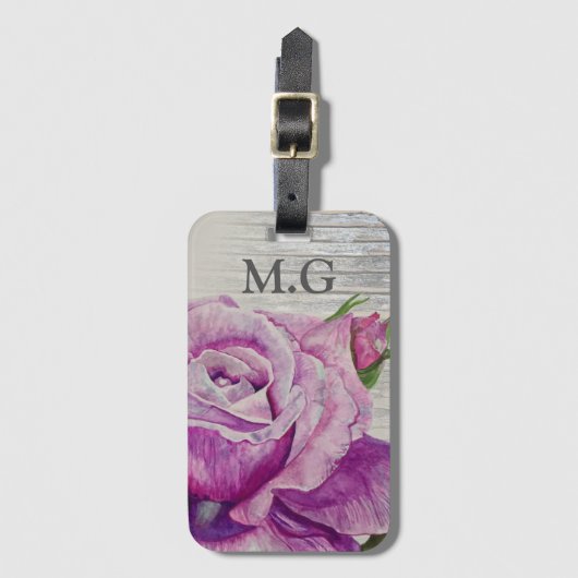 Rustikale Wasserfarbe Lila Rose Holzmonogramm Gepäckanhänger (Vorderseite Vertikal)