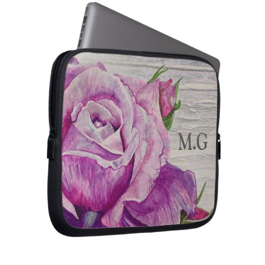 Rustikale Wasserfarbe Lila Rose Holzmonogramm Laptopschutzhülle (Vorne Rechts)