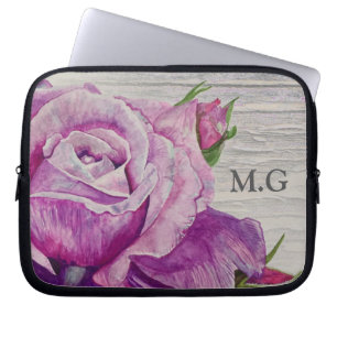 Rustikale Wasserfarbe Lila Rose Holzmonogramm Laptopschutzhülle
