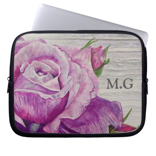 Rustikale Wasserfarbe Lila Rose Holzmonogramm Laptopschutzhülle (Vorderseite)