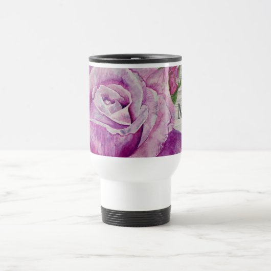 Rustikale Wasserfarbe Lila Rose Holzmonogramm Reisebecher (Mittel)
