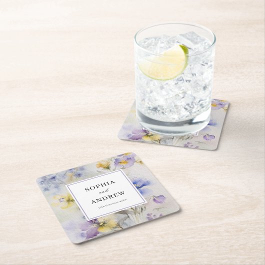 Rustikale Wasserfarbe Lila- und gelbblühende Hochz Rechteckiger Pappuntersetzer (Vor Ort)