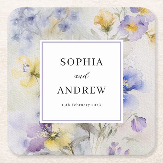 Rustikale Wasserfarbe Lila- und gelbblühende Hochz Rechteckiger Pappuntersetzer (Vorderseite)
