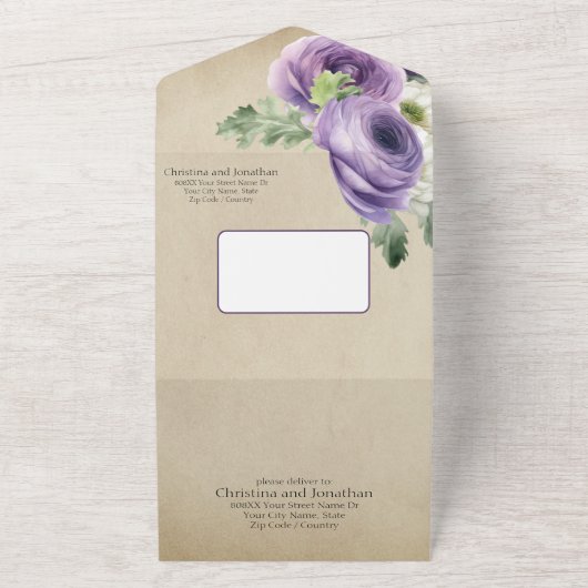 Rustikale Wasserfarbe Lila & Weißer Ranunculus All In One Einladung (Außenbereich)