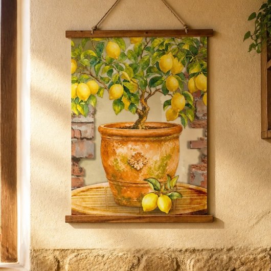 Rustikale Wasserfarbe Mittelmeer-Limonenbaum Wandteppich Mit Holzrahmen