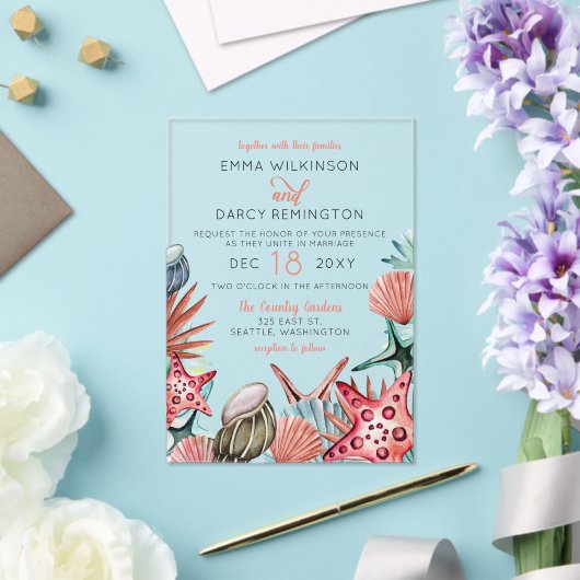 Rustikale Wasserfarbe Muscheln Starfish Beach Hoch Acryleinladungen (In Situ (Hochzeit))