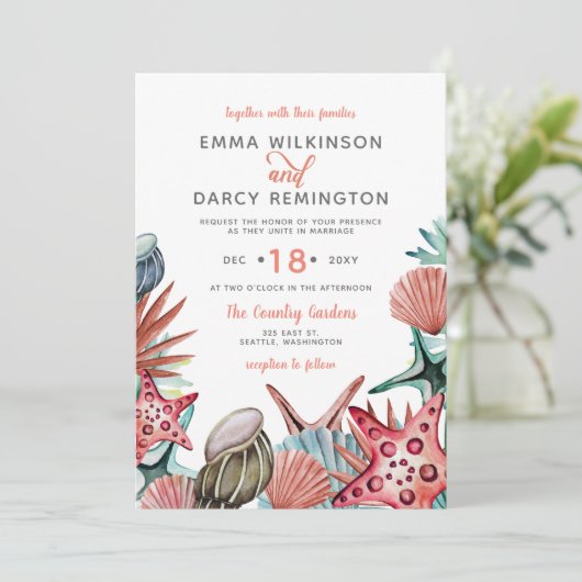 Rustikale Wasserfarbe Muscheln Starfish Beach Hoch Einladung (Stehend Vorderseite)