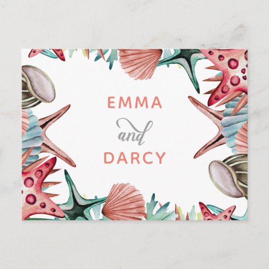 Rustikale Wasserfarbe Muscheln Starfish Beach Hoch Einladungspostkarte (Vorderseite)