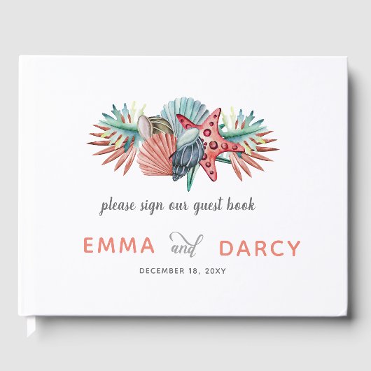 Rustikale Wasserfarbe Muscheln Starfish Beach Hoch Gästebuch (Vorderseite)