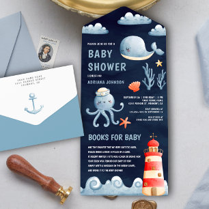 Rustikale Wasserfarbe Nautische Navyblaue Babypart All In One Einladung