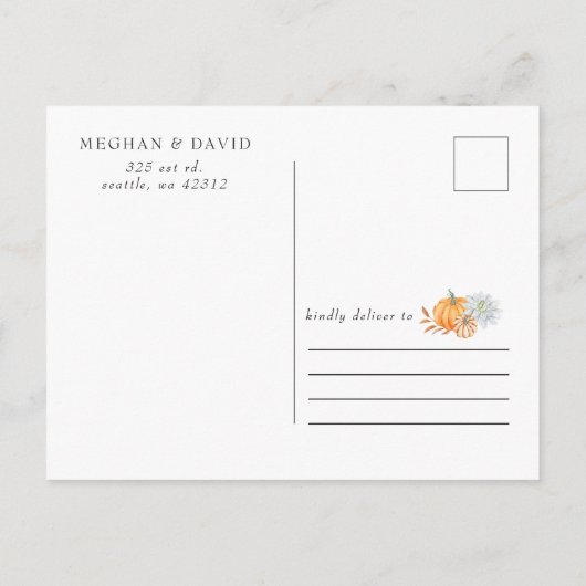 Rustikale Wasserfarbe Orange Pumpkins Hochzeit im Ankündigungspostkarte (Rückseite)