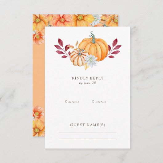 Rustikale Wasserfarbe Orange Pumpkins Hochzeit im RSVP Karte (Vorne/Hinten)