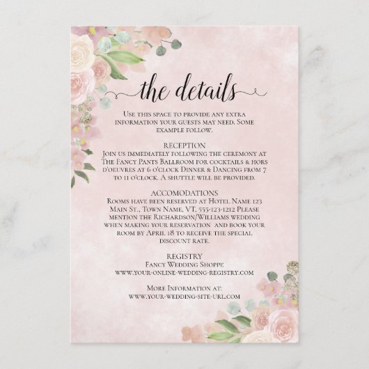 Rustikale Wasserfarbe Rosa Blumenzwiebeldetails Begleitkarte (Vorderseite)