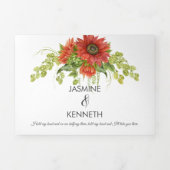 Rustikale Wasserfarbe Rot/orange Sonnenblumen Grün Dreifach Gefaltete Einladung (Cover)