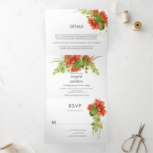 Rustikale Wasserfarbe Rot/orange Sonnenblumen Grün Dreifach Gefaltete Einladung (Innenseite)