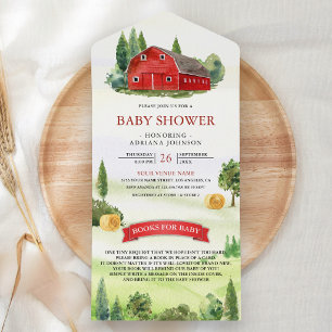 Rustikale Wasserfarbe Rote Scheunenfarm-Baby-Party All In One Einladung