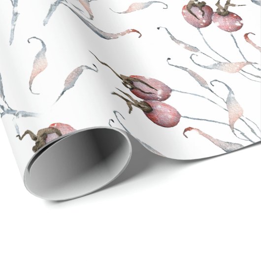 Rustikale Wasserfarbe Rote Winterfrüchte und Blätt Geschenkpapier (Rolleneckpunkt)