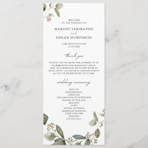 Rustikale Wasserfarbe Samen-Eukalyptus-Hochzeit Programm