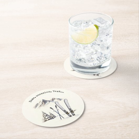 Rustikale Wasserfarbe Schneeberg Winter Runder Pappuntersetzer (Vor Ort)