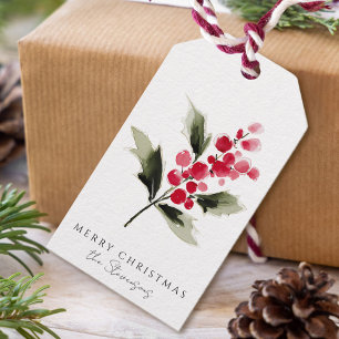Rustikale Wasserfarbe-Stechpalmen-Beeren-Weihnacht Geschenkanhänger