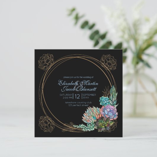 Rustikale Wasserfarbe Sukkulente, blaue und schwar Einladung (Stehend Vorderseite)