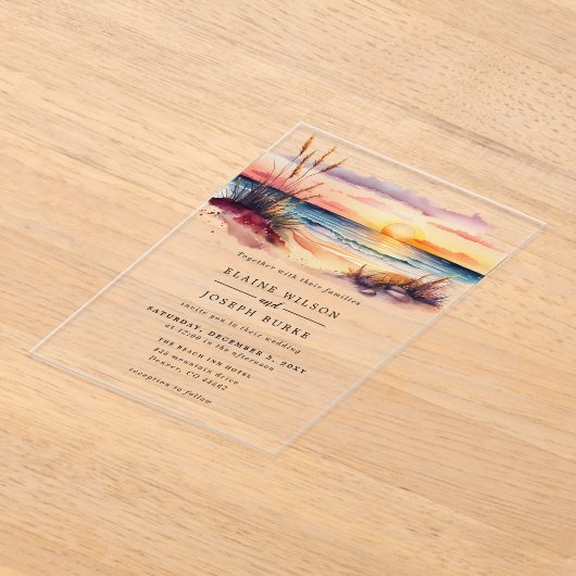 Rustikale Wasserfarbe Sunset Beach Seascape Hochze Acryleinladungen (Ablage )