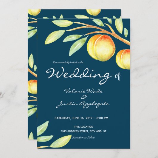 Rustikale Wasserfarbe Süße Pfirsiche Hochzeit Einladung (Vorne/Hinten)