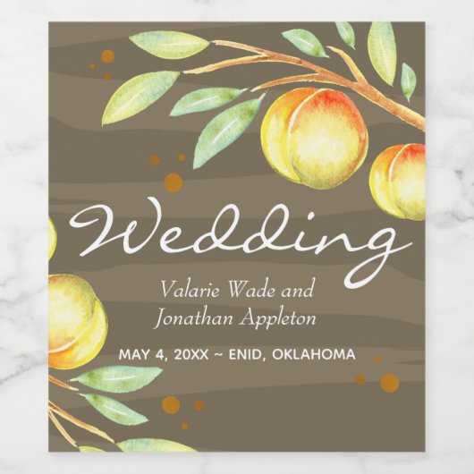 Rustikale Wasserfarbe Süße Pfirsiche Hochzeit Weinetikett (Einzelnes Label)