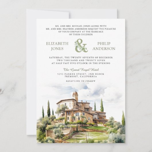 Rustikale Wasserfarbe Toskana QR Code Hochzeit Einladung (Vorderseite)