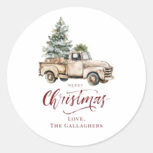 Rustikale Wasserfarbe Weihnachts-LKW Vintage-Feier Runder Aufkleber