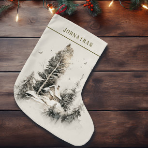 Rustikale Wasserfarbe Winter-Landhaus Großer Weihnachtsstrumpf