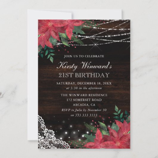 Rustikale Wasserfarbe Winter Poinsettia 21. Geburt Einladung (Vorderseite)