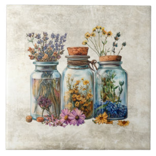 Rustikale Wasserfarben-Blumen in Gläsern  Fliese