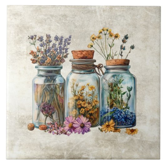 Rustikale Wasserfarben-Blumen in Gläsern Fliese (Vorderseite)