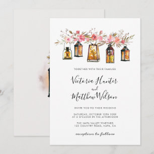 Rustikale Wasserfarben-Blumen-Laternen-Hochzeit Einladung