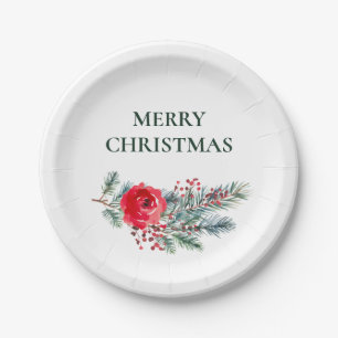 Rustikale Wasserfarben-Blumen-Weihnachtsfeier Pappteller