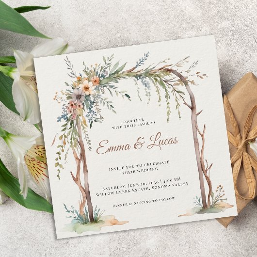 Rustikale Wasserfarben-Blumenbogen-Hochzeitseinlad Einladung