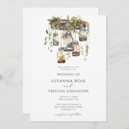 Rustikale Wasserfarben Blumenmason Jar Lights Hoch Einladung (Vorne/Hinten)