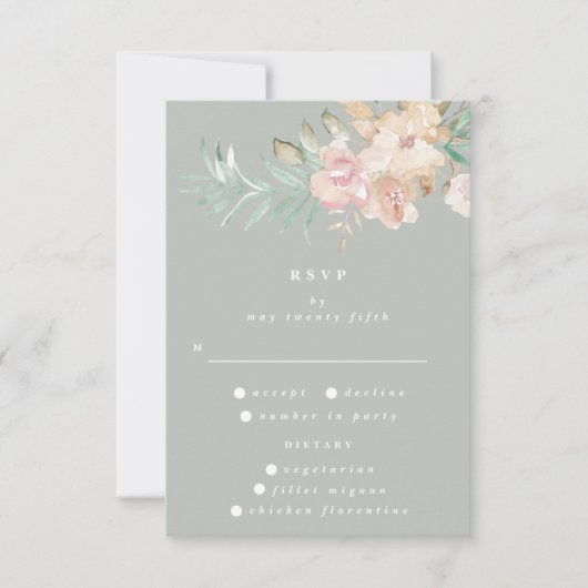 Rustikale Wasserfarben Florals auf Sage Green Wedd RSVP Karte (Vorderseite)
