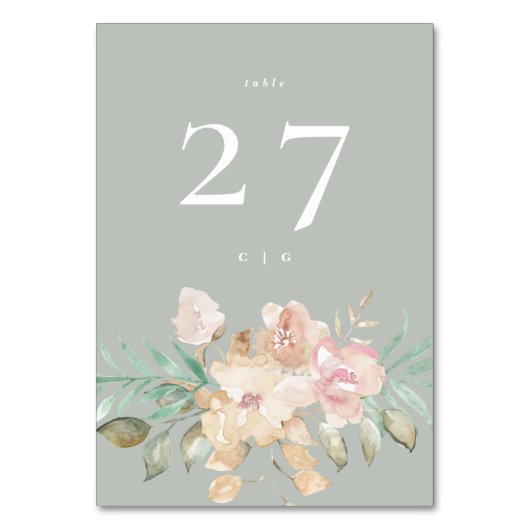 Rustikale Wasserfarben Florals auf Sage Green Wedd Tischnummer (Vorderseite)