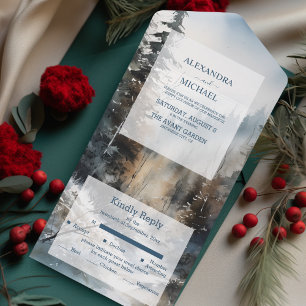 Rustikale Wasserfarben-Hochzeit mit Kiefern Motiv All In One Einladung