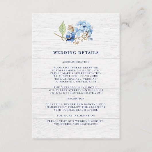 Rustikale Wasserfarben Hydrangea Hochzeit Details Begleitkarte (Vorderseite)